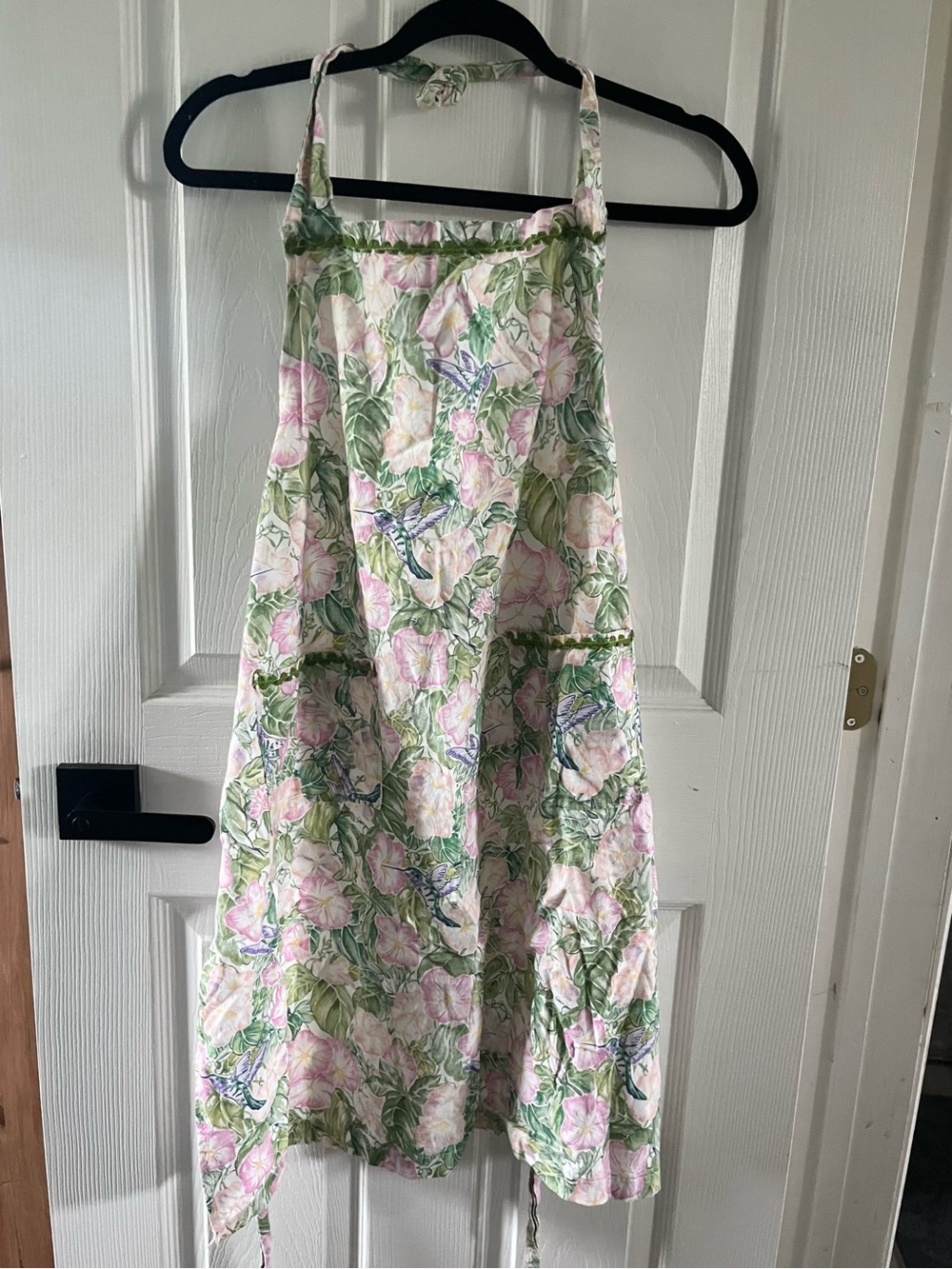 Cottagecore Hummingbird Floral Apron with Pocket & RicRac Detail